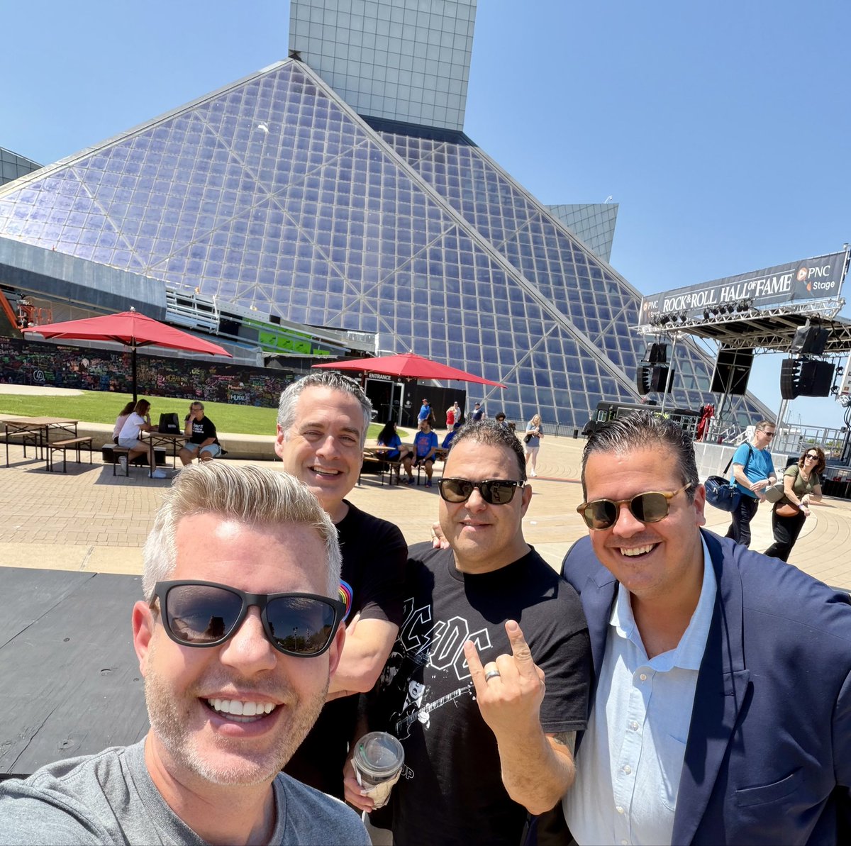 RobbyBridges's tweet photo. Radio goofballs take in the McCartney/Wings exhibit, SNL@50, Chuck Berry’s guitar, Jerry Lee’s burnt piano and even a Herman’s Hermits drum skin! https://t.co/8Wm5rXQnvn