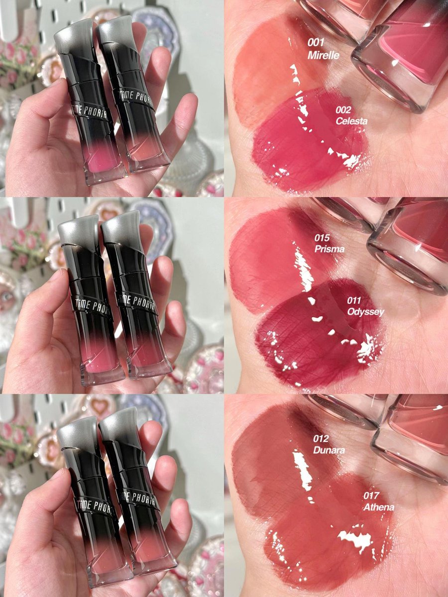 channelyslX's tweet photo. Bibir sehat dan glossy seharian! ✨
Swatch lengkap Time Phoria Lip Tint. Warnanya pigmentasinya oke banget dengan kilau juicy finish yang memukau.

Dari nude kayak 001 Mirelle sampai yang bold kayak 011 Odyssey, shade mana yang paling bikin kalian kepikiran? 💄👀 https://t.co/ZFADlH5RpX