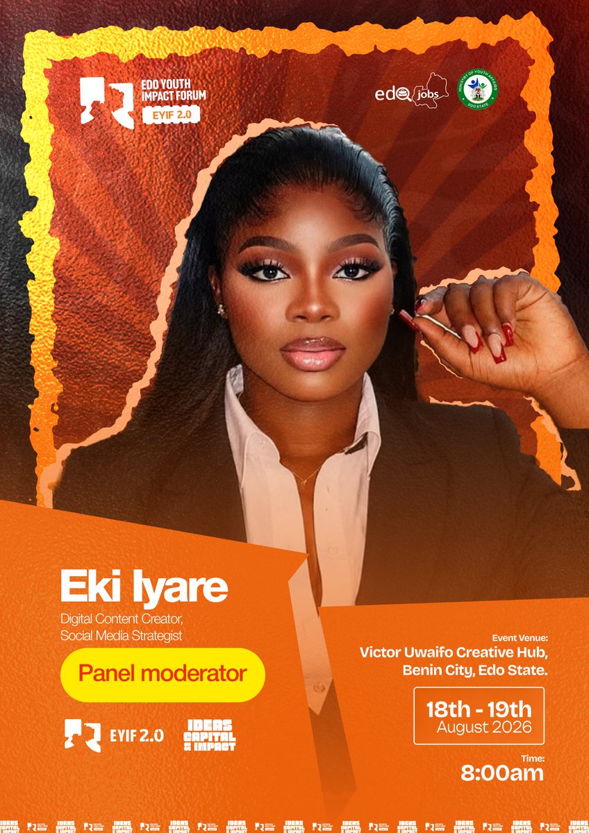 edoyif's tweet photo. Digital Content Creator. Social Media Strategist. Founder. Known for authentic storytelling that spotlights businesses, lifestyle &amp; experiences 

EKI Iyare @Ekithe7th moderates our panel at EYIF 2.0

Reserve your seat now: https://t.co/ZGJLAGUTbr

#eyif2026 #ideascapitalimpact https://t.co/lNjroNJGkL