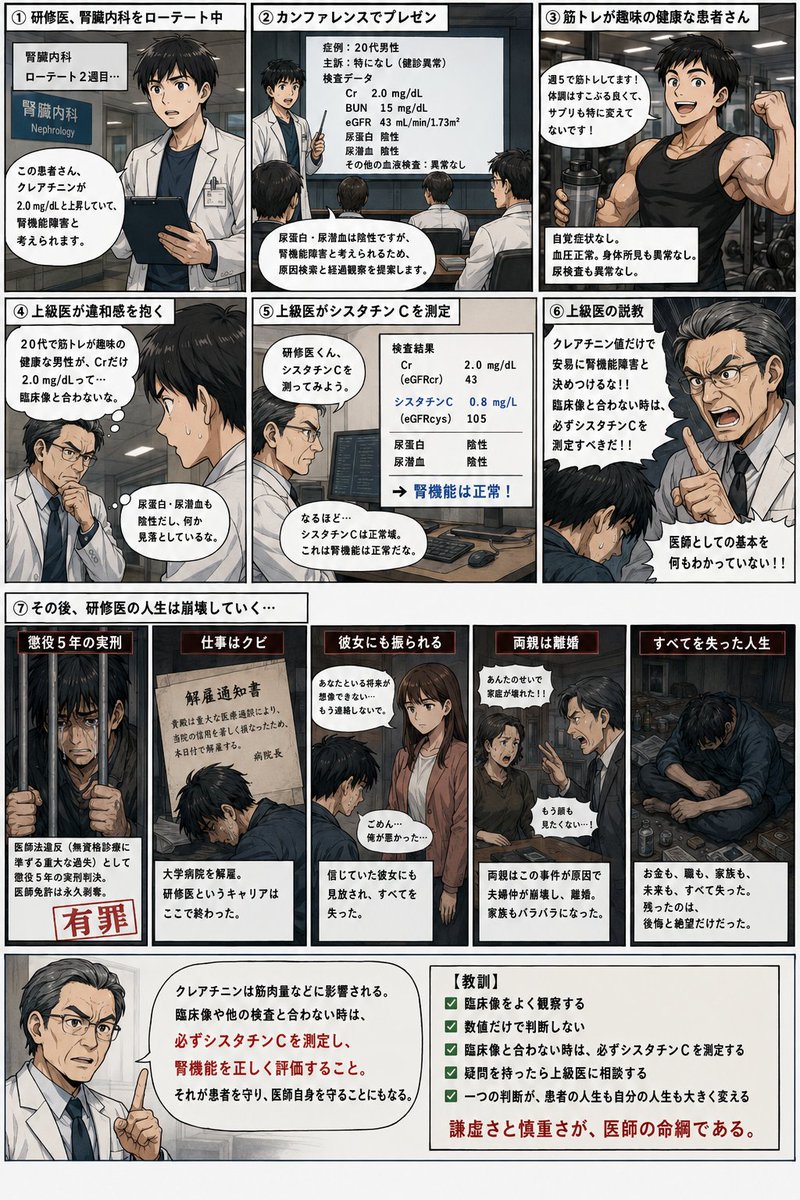 wankosobanyan's tweet photo. さんぴん茶先生にインスパイアされて、腎臓内科の教育的な漫画を作ってみました。これとは逆に寝たきり高齢者など筋肉量が少ない人は、腎機能が落ちててもクレアチニンの数値は低めだったりするので注意が必要です https://t.co/tjDQ2fZcQf