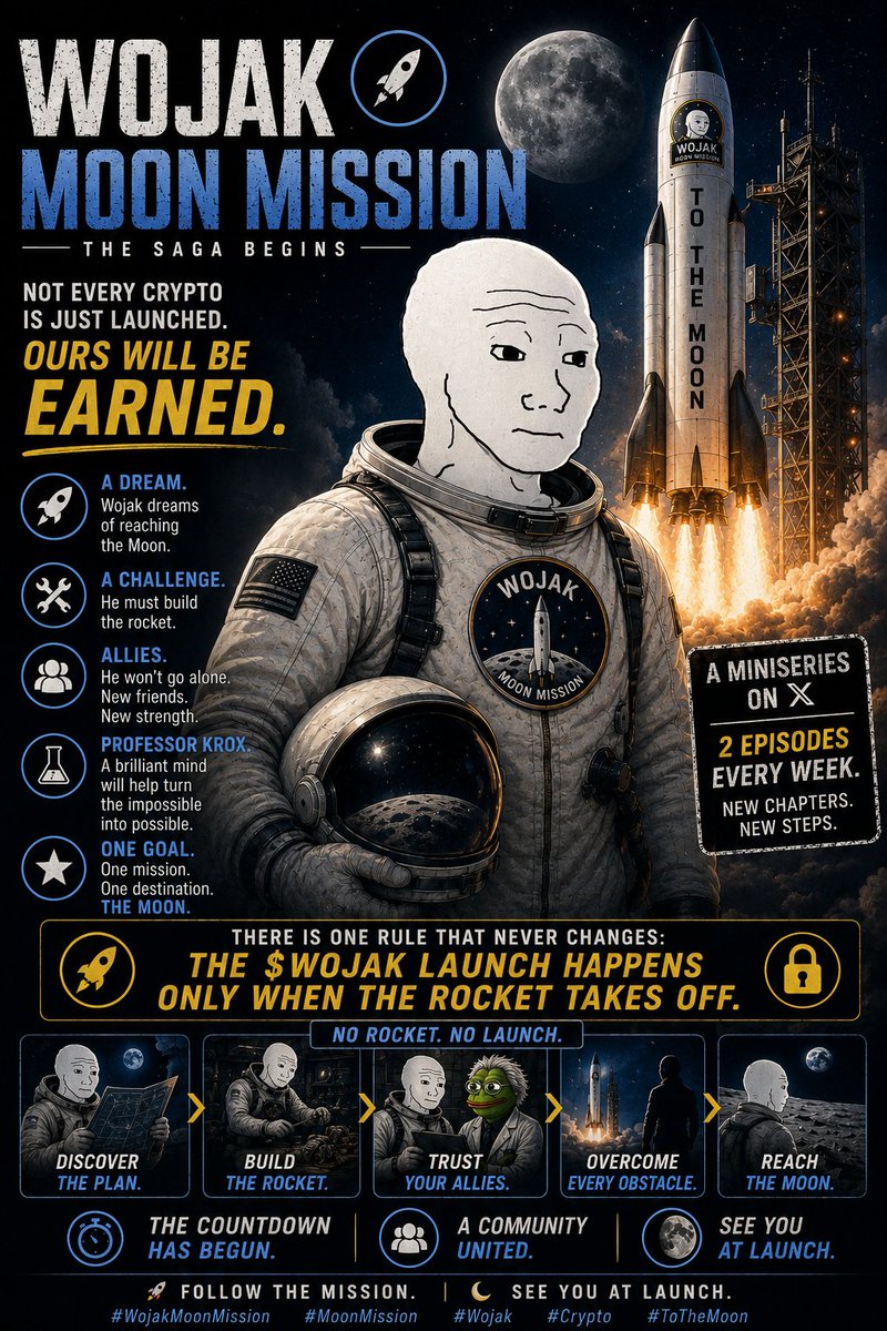 WojakMoonCoin's tweet photo. 🚀 JACK MOON MISSION — THE SAGA BEGINS.

Every mission starts with a dream.

Jack has one:

🌙 Reach the Moon.

But first, he needs to build the rocket.

He’ll face challenges.
Meet unexpected allies.
And discover that the journey is bigger than he imagined.

Then comes Professor Krox. 🧪

Two episodes. Every week.

One story. One mission. One destination.

🌙 THE MOON.

And remember:

The $JACK launch happens ONLY when the rocket takes off.

No rocket.
No launch.

The countdown has begun. 🚀

Follow the Mission.

#JackMoonMission #Wojak #MoonMission #Crypto