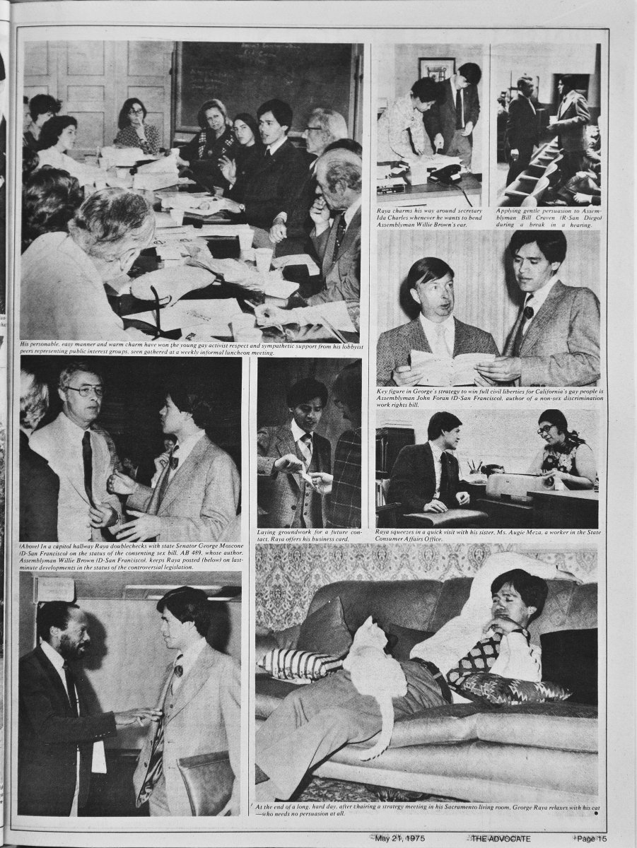 midtowngeorge's tweet photo. Page 3 of 3-page photo essay in the May 21, 1975 issue of 'The Advocate Magazine' - a day in the life of a LGBTQ legislative advocate, titled, “Our Man on the Line: Gay Lobbyist George Raya at work in Sacramento - a photo essay by ADVOCATE staff photographer Crawford Barton”. #1975AdvocateIssue #3PagePhotoEssay #CrawfordBarton