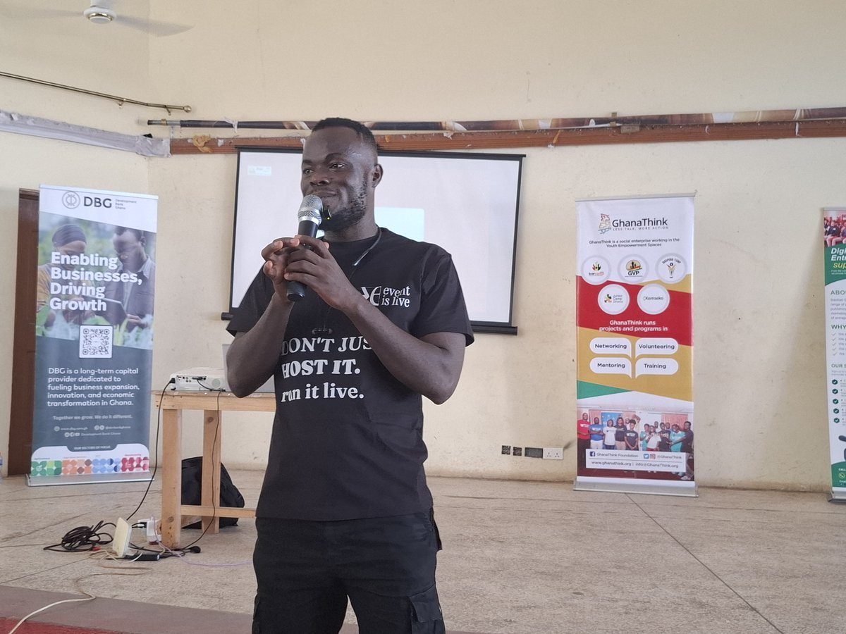 Ghanathink's tweet photo. Mawuli Stephen of #EventIsLive @ #BarcampTema 2026 @ #RotaryCentre, #Tema00: "We believe that everyone @ an event feels a mood &amp; they need to share that moment. 
You get all your event data in one place, tickets, resources, etc".

See more via @thiseventislive. 

#bctema https://t.co/o9u8tNmRaK