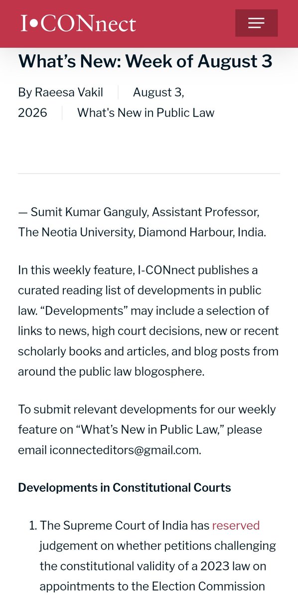 Sumit_Ganguly's tweet photo. My latest contribution to the 'What's New in Public Law' section of the @ICONnectblog has been published on 3rd August. This is my second contribution to the blog this year. I would like to thank Raeesa Vakil for the editing. I have written about the recent constitutional https://t.co/kLgOytGbmA