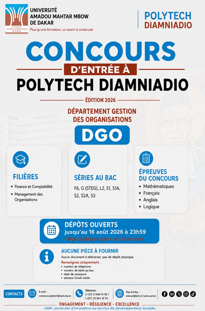 MahtarMbow's tweet photo. [#CONCOURSPOLYTECH] Plus que quelques jours ! Nouveaux bacheliers, candidatez à Polytech Diamniadio : 5 départements et des formations orientées métiers. Clôture : 16 août 2026 à 23h59. Aucun document à fournir. 👉 https://t.co/QODws6u3LQ https://t.co/0ZVQ2tGQkm