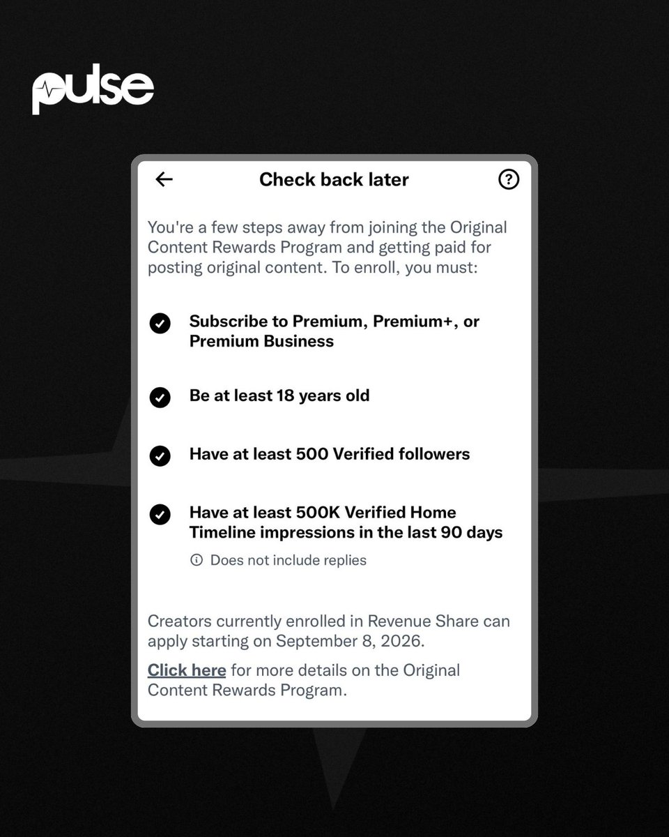 PulseNigeria247's tweet photo. Twitter/X discontinues paying Premium users for post engagements under the Creator Revenue Sharing program.

From September 8, 2026, users have to apply to the new Original Content Rewards program to earn from content on X.

(https://t.co/q53c1W2AE1) https://t.co/34i953yc7R