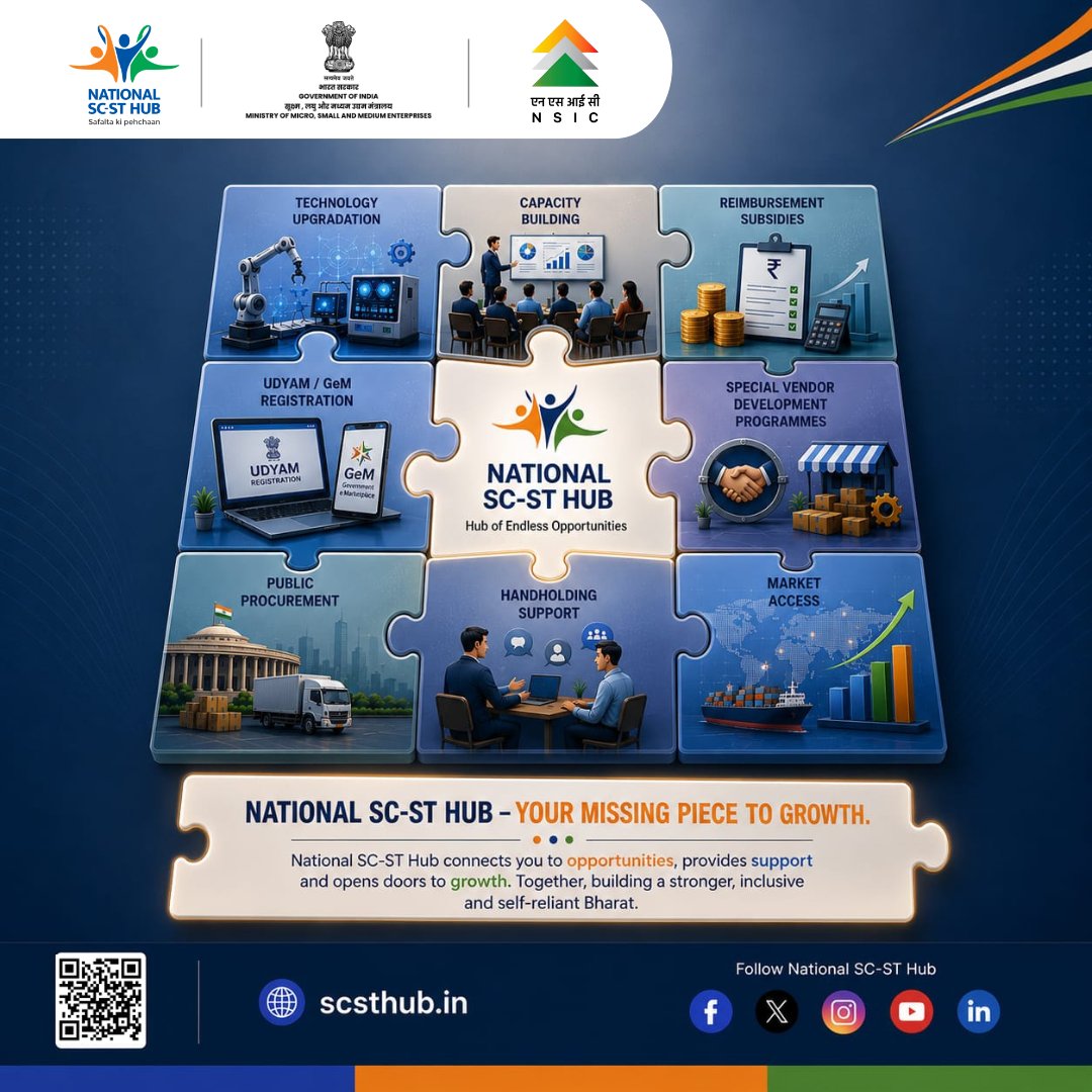 scsthub's tweet photo. National SC-ST Hub is the missing piece in your growth journey. From registration support to market access and vendor development, unlock opportunities that help your enterprise grow and thrive. 🚀 #NationalSCSTHub #MSME #NSIC @minmsme @NSICLTD https://t.co/qj9RkIjaOZ