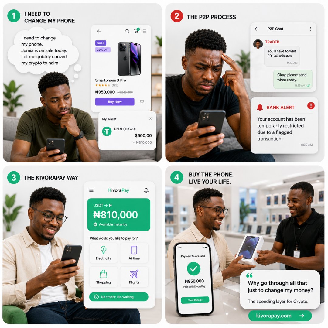 kivorapay's tweet photo. You just wanted to buy a phone.

Then P2P gave you a trader to wait for, a transaction to worry about, and a bank alert you never asked for.

Your crypto shouldn’t become harder to use just because you want to spend it.

With KivoraPay, you can turn your crypto into usable money and pay for what you need without the P2P stress.

No trader. No waiting. Just spend your crypto.

The spending layer for crypto.

https://t.co/jRvISCsZ5c