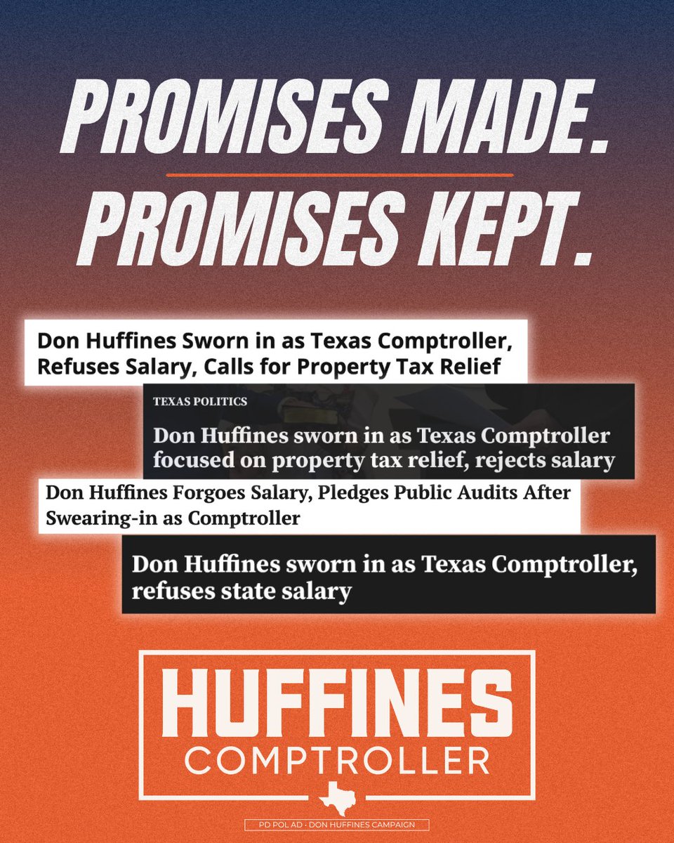 DonHuffines's tweet photo. I don't work for the government. I work for you.

That's why my first act as Texas Comptroller was refusing a taxpayer-funded salary.

I didn't come here for a paycheck.

I came here to be a good steward of your tax dollars and put Texas taxpayers first.

I'm here because I love Texas. And I'll never forget who I work for.