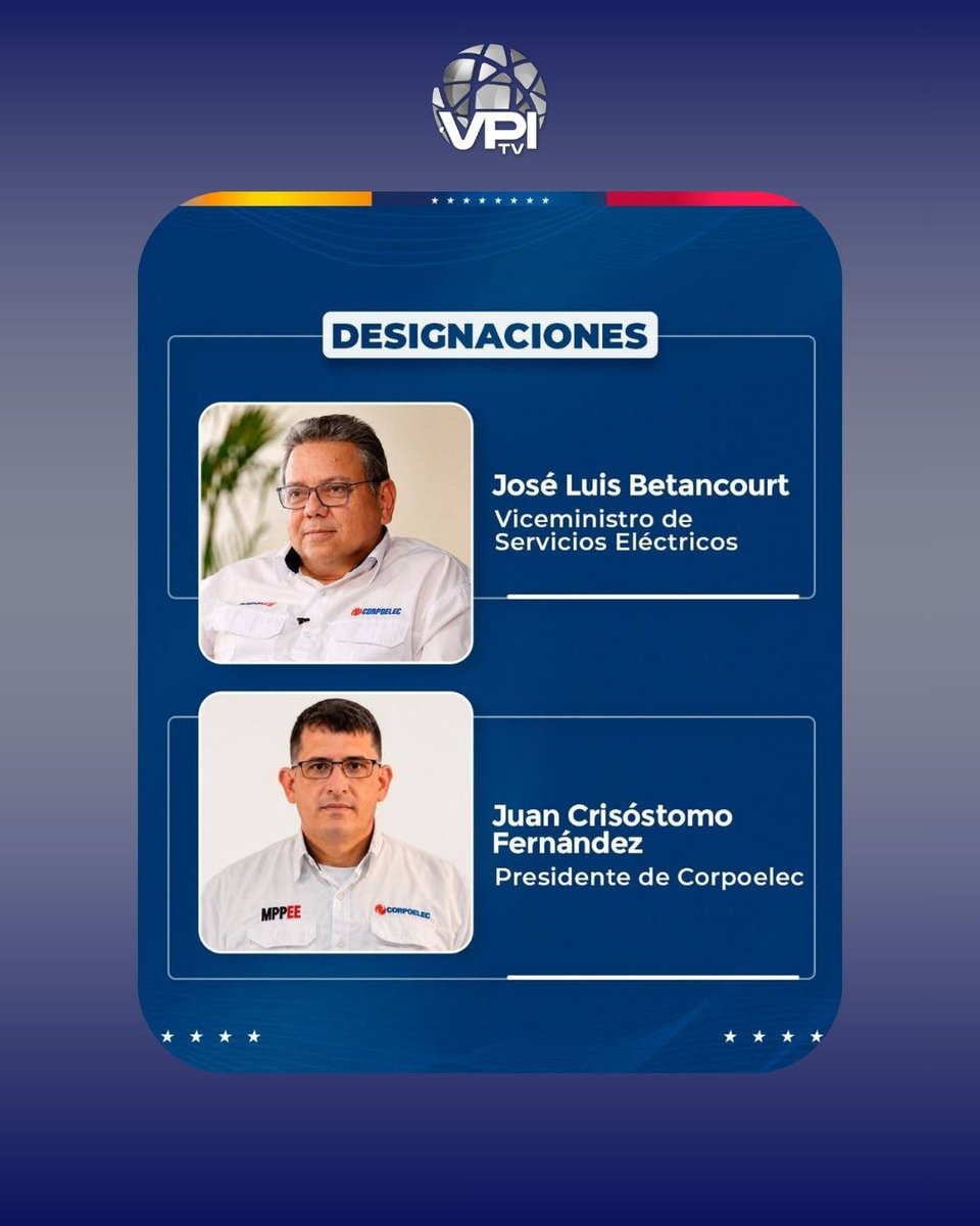 VPITV's tweet photo. En medio de las medidas de racionamiento eléctrico, Delcy Rodríguez designó este sábado #8Agos al ingeniero Juan Crisóstomo Fernández como nuevo presidente de Corpoelec, en sustitución de José Luis Betancourt, quien asumirá como viceministro de Servicios Eléctricos.

Rodríguez explicó, a través de Telegram, que Betancourt reforzará el equipo encargado de la recuperación y fortalecimiento del Sistema Eléctrico Nacional, mientras que Fernández “aportará experiencia técnica para mejorar la prestación del servicio”.

Las designaciones llegan en medio del reciente Plan de Ahorro Energético presentado por el régimen de Rodríguez, que busca reducir la demanda en los llamados “grandes consumidores”, entre ellos la industria, centros comerciales, cadenas de supermercados y el sector hotelero. #VPItv