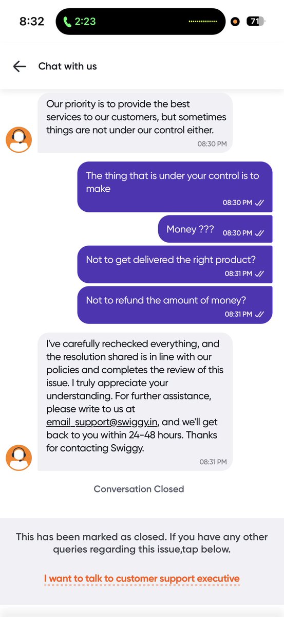 twiterbaey's tweet photo. @SwiggyCares @Swiggy This is how your agents treat and close the chat on our face indicating that company is either fraud or the agents are fraud. @Swiggy @SwiggyCares https://t.co/qeQiIkppr3