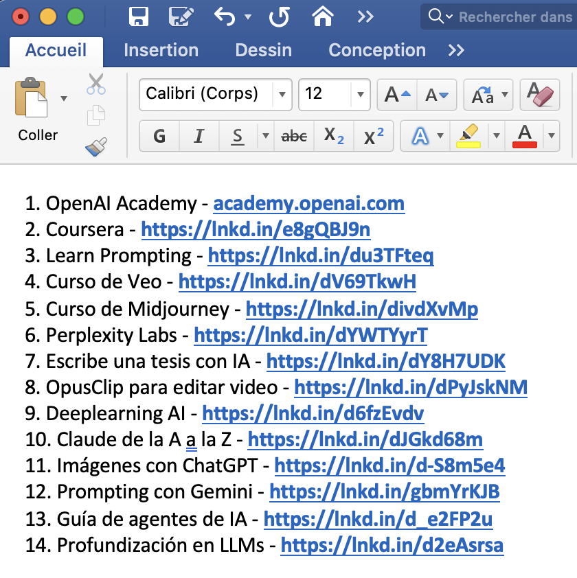 Ben_escrito's tweet photo. La gente cree que aprender IA es difícil. No lo es.

Encontré 14 guías gratuitas para que tú no tengas que buscarlas:

1. OpenAI Academy - https://t.co/qysC2VsmEc
La academia oficial de ChatGPT y OpenAI.

2. Coursera - https://t.co/eLiXEq5M2I
Aprende Machine Learning con Andrew Ng.

3. Learn Prompting - https://t.co/DLPmXXjbbe
Guías paso a paso sobre prompt engineering.

4. Curso de Veo - https://t.co/Btf1m5I3Qd
La guía oficial para dominar Veo, el modelo de video de Google (el mejor del mercado).

5. Curso de Midjourney - https://t.co/s0Sjjtd4tx
Guía rápida, sencilla (y gratuita) para Midjourney v7.

6. Perplexity Labs - https://t.co/wMuP9wDYzW
La función más interesante de Perplexity, explicada.

7. Escribe una tesis con IA - https://t.co/Uky1KxDhKr
Video hecho por Ruben Hassid.

8. OpusClip para editar video - https://t.co/UPToVaUKFW
La mejor IA para editar videos (hasta ahora).

9. Deeplearning AI - https://t.co/VtJZg7Q2JM
Mejores introducciones a la IA (perfecto para principiantes).

10. Claude de la A a la Z - https://t.co/lKYJFHCT2M
La guía oficial de Claude, hecha por su propio equipo.

11. Imágenes con ChatGPT - https://t.co/cNUJf2yOtJ?
Es mío. Pero cubro el 80% en solo 10 diapositivas. Nada mal.

12. Prompting con Gemini - https://t.co/JDTNEd3xav
La mejor guía de prompts, directamente de Google.

13. Guía de agentes de IA - https://t.co/Kbkz59Bzxg
OpenAI hizo esta guía (de alguna forma poco conocida).

14. Profundización en LLMs - https://t.co/1LfjGvFShx
Si tienes 3 horas → una mina de oro absoluta.