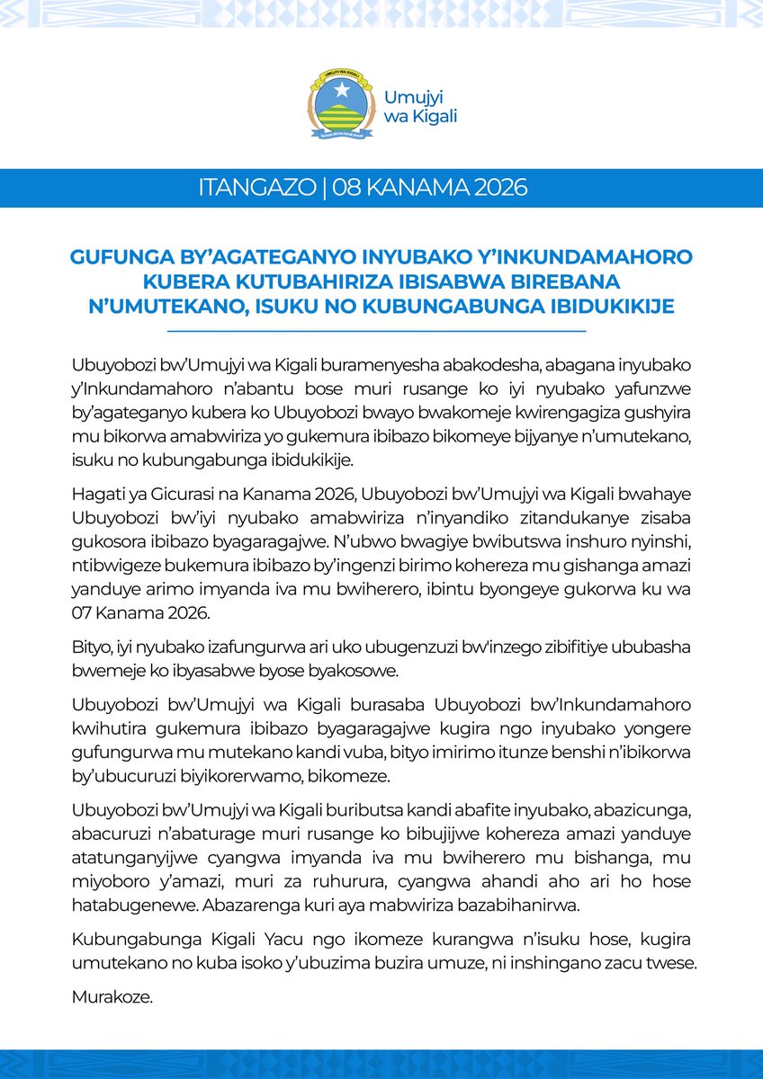 rbarwanda's tweet photo. 🚨AMAKURU MASHYA🚨

Umujyi wa Kigali wafunze by’agateganyo inyubako y’Inkundamahoro kubera kutubahiriza amabwiriza ajyanye n’umutekano, isuku no kubungabunga ibidukikije.

Itangazo ry’Umujyi wa Kigali ryo kuri uyu wa 8 Kanama 2026, rivuga ko iyi nyubako iherereye ahazwi nka Nyabugogo izafungurwa hagendewe ku bizava mu bugenzuzi bw’inzego zibifitiye ububasha. #RBAAmakuru