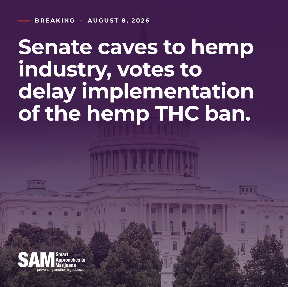learnaboutsam's tweet photo. BREAKING: Senate caves to Big Hemp.

“Over the next five months, SAM and our partners will make sure voters in every state know exactly who chose to protect gas station THC over their own children.” - SAM CEO @KevinSabet

Read our statement: https://t.co/RnL1C5Ybti https://t.co/dS5SJfZExX