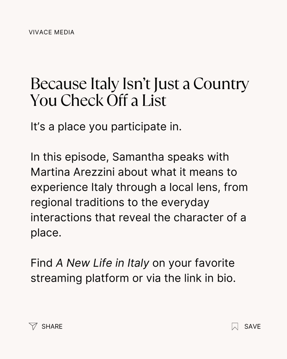 VivaceNetwork's tweet photo. Italy's so much more than its famous places.

This ep of A New Life in Italy, Samantha speaks with Martina Arezzini about why seeing Italy through a local lens changes the way we experience it.

https://t.co/1BZn9IK614

What’s something about Italy you understand differently now? https://t.co/gbIX42orf4