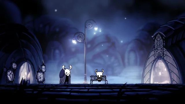 Lord0fShades's tweet photo. [The Knight sits at the bench in Dirthmouth quietly, reading it's map.]

[They also give Elderbug company by being there.]

[(READER) contemplates interacting with the Knight.] https://t.co/Xig4yPfmL9