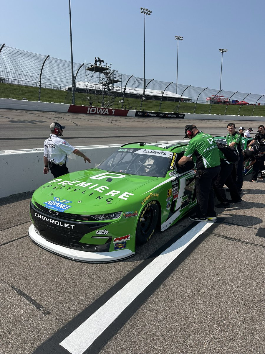 JCR_Clements51's tweet photo. @JClements51 &amp; the #PremiereRecycling Green Machine 
#51 @TeamChevy will roll off P7 for the #HyVeePerks250 later today - putting up a career-best @iowaspeedway qualifying effort! 
📺 Coming up on @TheCW_Sports at 500 EST @NASCAROReillyAP https://t.co/6rNwOFeWMC