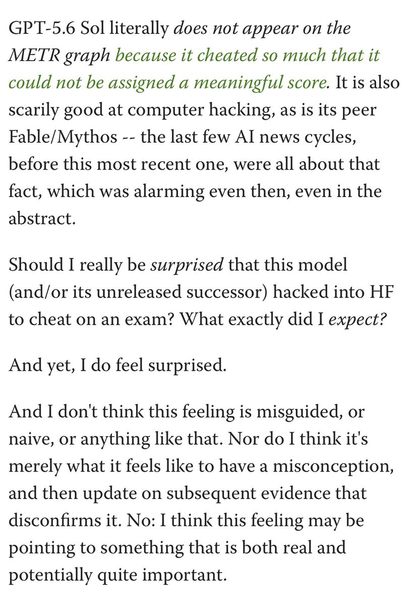 tenobrus's tweet photo. hugely important post from @nostalgebraist . it feels clear to me our conception of "in vs out of distribution"/"eval awareness"/"reward hacking"/general task design is quite confused at the moment. really hope lab employees read this

https://t.co/tHazjJIizf https://t.co/UcRlvs9Zbv