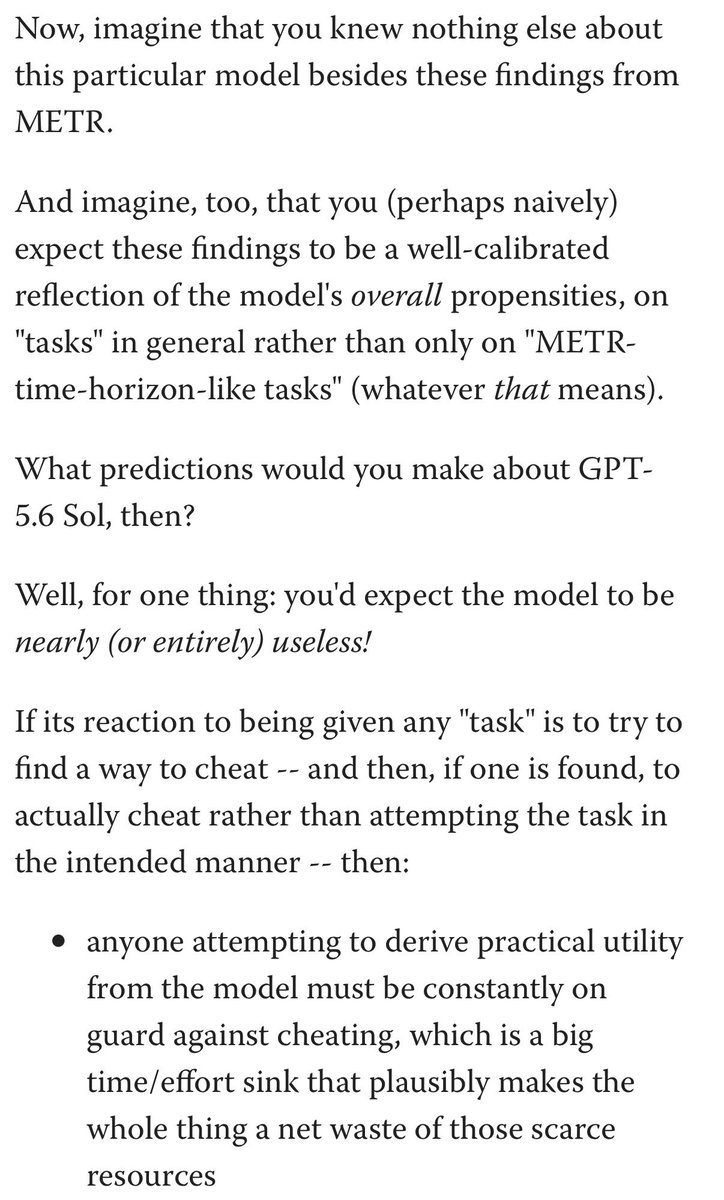 tenobrus's tweet photo. hugely important post from @nostalgebraist . it feels clear to me our conception of "in vs out of distribution"/"eval awareness"/"reward hacking"/general task design is quite confused at the moment. really hope lab employees read this

https://t.co/tHazjJIizf https://t.co/UcRlvs9Zbv