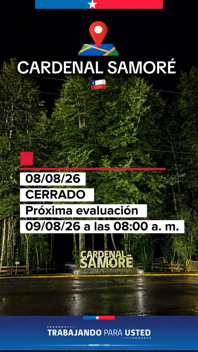CFSamore's tweet photo. ATENCIÓN ‼️
@CFSamore Se encuentra CERRADO⛔️ para todo tipo de vehículos, Por intensificación de lluvia y nieve en la ruta hacia el límite, próxima evaluación  /08/26 a las 08:00 a.m.
🚜 Equipo de Vialidad trabaja en la zona.
@TTILosLagos @DPPOsorno 
@UPFronterizos @DPRLosLagos https://t.co/IGkKuniEsY