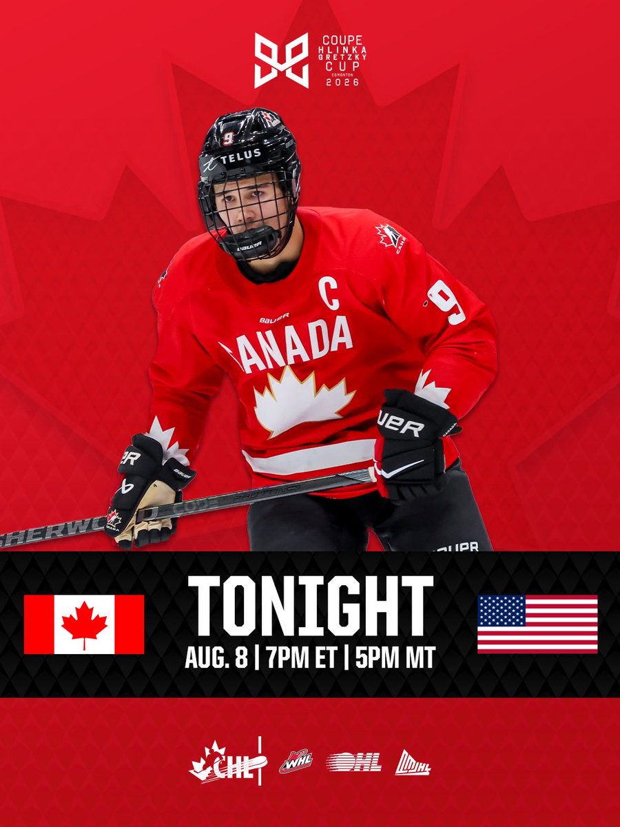 CHLHockey's tweet photo. A gold medal is on the line! #HlinkaGretzkyCup 

🇨🇦🆚🇺🇸
📍 Rogers Place
🕖 7pm ET / 5pm MT
📺 TSN4 https://t.co/o0HkuHncj9