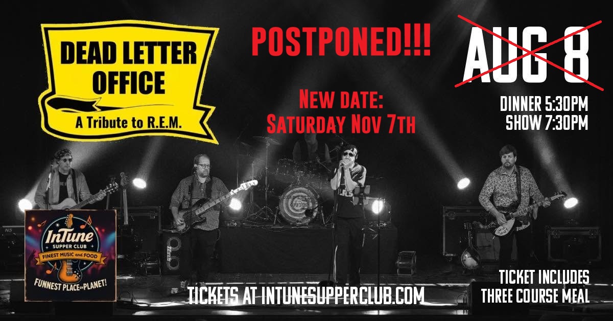 REMtributeDLO's tweet photo. Tonight's show at In Tune Supper Club is postponed due to illness in the band.

The new date will be Saturday November 7th. Your tickets will be honored then. Hang onto them, as it was just about sold out.

We apologize for the inconvenience https://t.co/zSIsMkYMsf