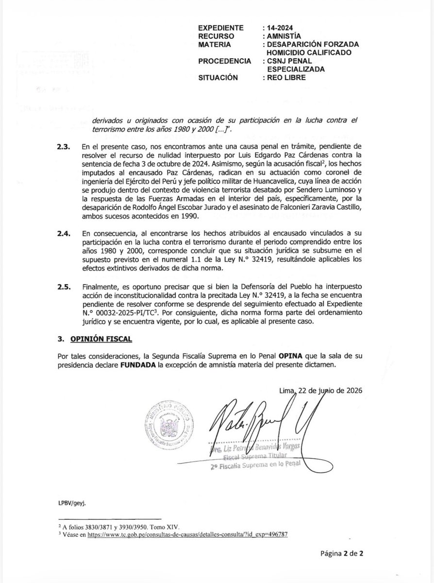 Frospigliosi's tweet photo. La fiscal suprema Patricia Benavides ha aplicado la ley 32419, aprobada por el anterior Congreso, que concede amnistía a las FFAA, PNP, y CADS que derrotaron al terrorismo entre 1980 y 2000. Es en el caso del entonces coronel EP Luis Paz Cardenas, jefe político militar de Huancavelica, en 1990, acusado injustamente por una supuesta desaparición. Hay que felicitar a la fiscal Benavides por APLICAR LA LEY vigente, que debería ser lo normal, pero que hoy es una rareza en el sistema judicial controlado por la mafia caviar/comunista. Avanzamos!