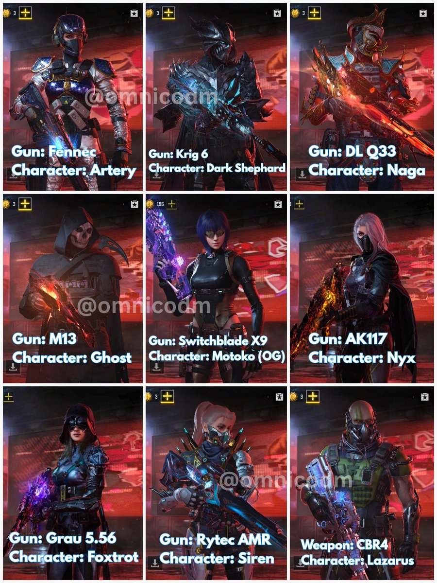omnicodm's tweet photo. All Mythic weapons and their draw characters in CODM 🔥

There r currently 35 Mythic weapons:
• 33 paid w character
• 2 free w/o character

The Mythic SX9 draw is the only Mythic draw to feature 2 characters for the same weapon, and it's also the only collab Mythic weapon. https://t.co/hPWEiP2W0N