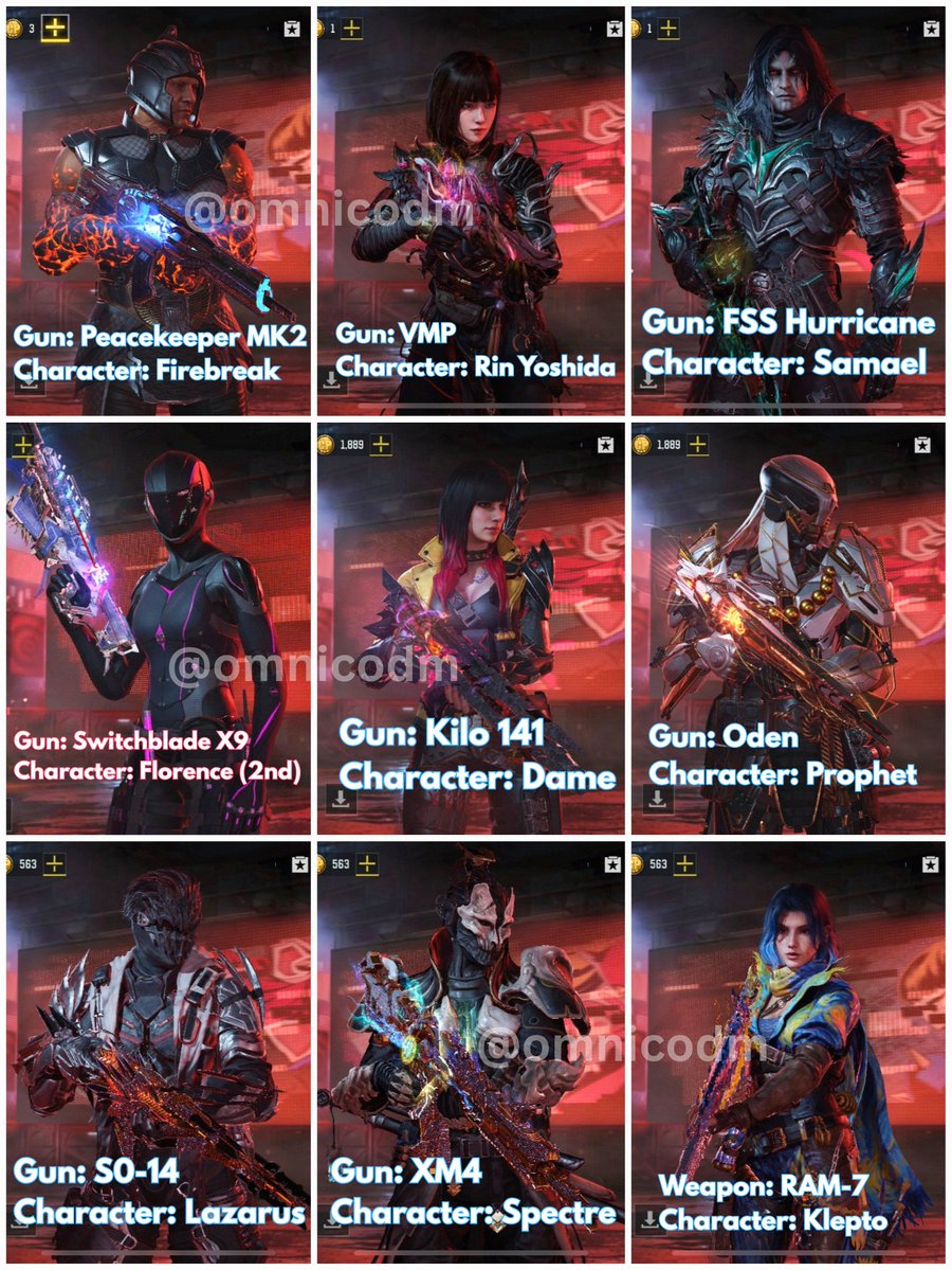 omnicodm's tweet photo. All Mythic weapons and their draw characters in CODM 🔥

There r currently 35 Mythic weapons:
• 33 paid w character
• 2 free w/o character

The Mythic SX9 draw is the only Mythic draw to feature 2 characters for the same weapon, and it's also the only collab Mythic weapon. https://t.co/hPWEiP2W0N