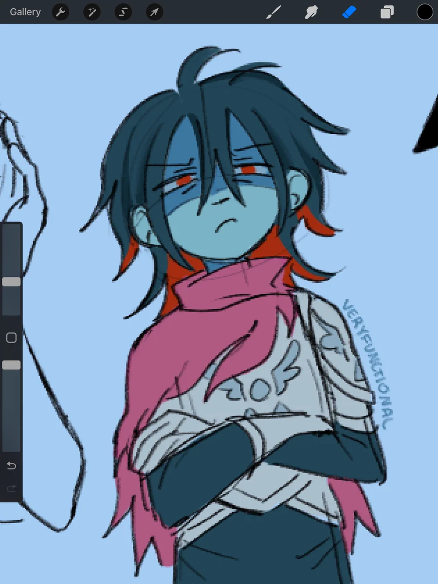 Digital art of kris dreemurr from deltarune, crossing their arms and glaring at something