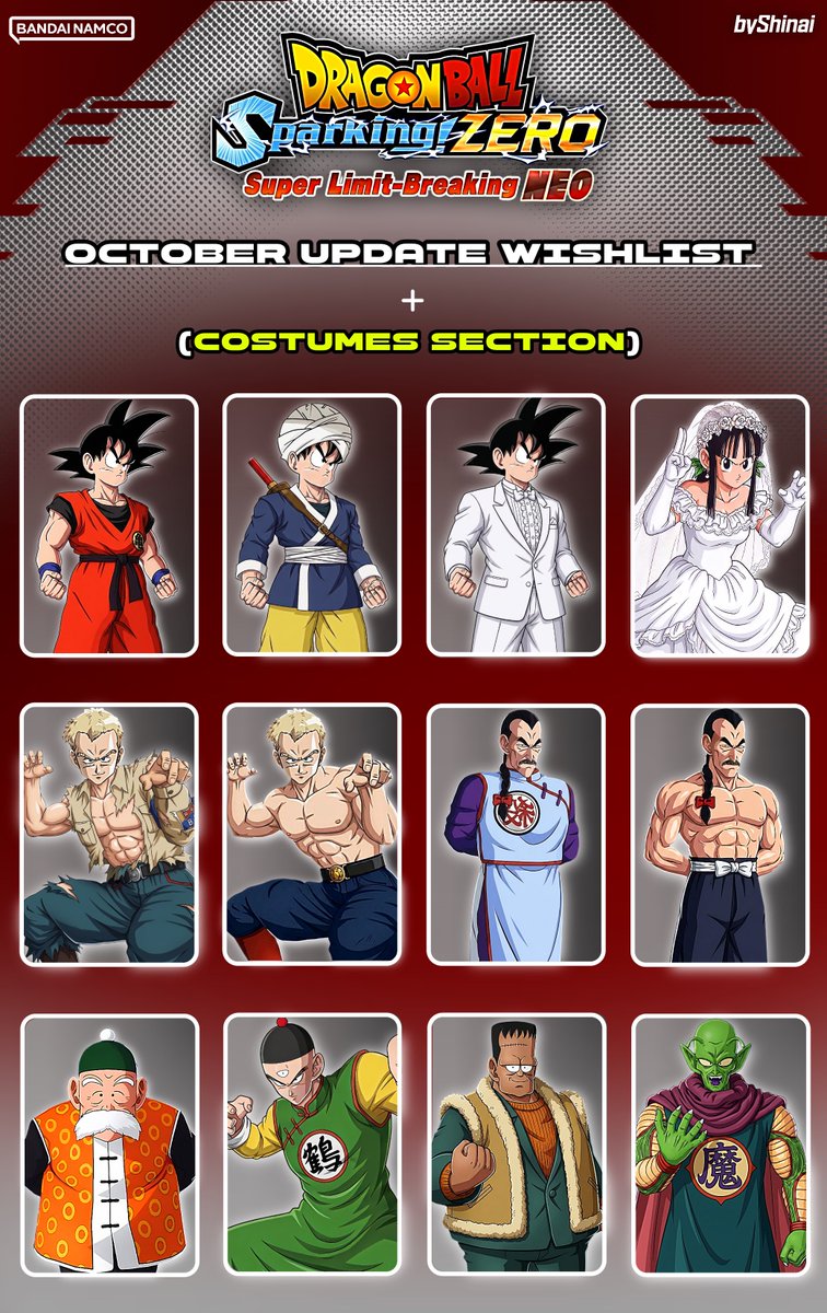 by_shinai's tweet photo. For the Sparking! ZERO October Update, I’m hoping we see even more costumes added. There are still plenty of characters who could benefit from new outfits, especially with the growing roster of DLC characters. 

My Top 5 Costume Picks:

• Trunks (Melee) — Bojack Unbound
• Goku (World Tournament) — Classic Gi
• Goku (Z-End) — GT Gi
• Vegeta (Z-Early) — Scouter
• Broly (Z) — Second Coming