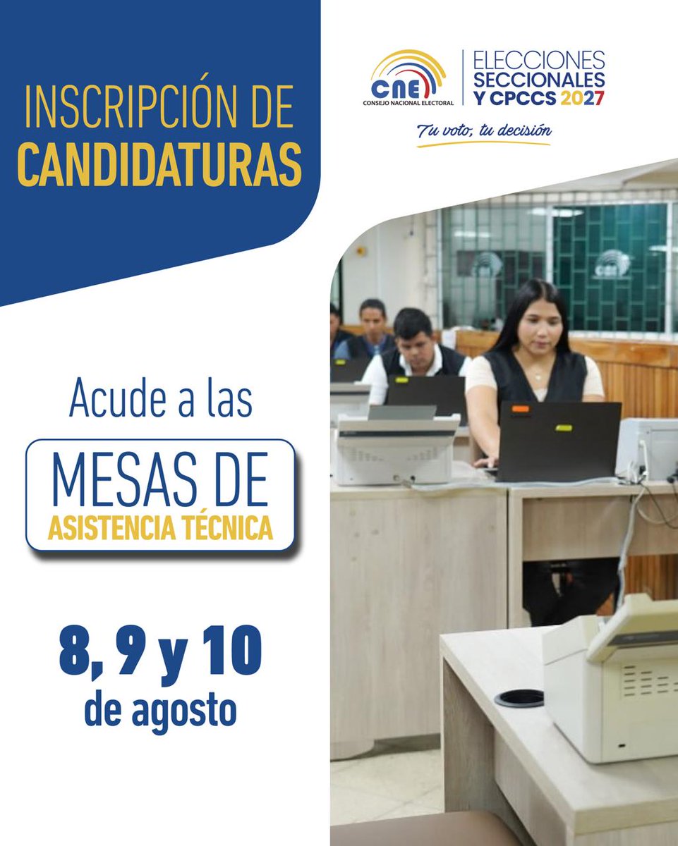 MoronaCne's tweet photo. #CNEInforma | Este 8⃣, 9⃣ y 1⃣0⃣de agosto, el @cnegobec y las Delegaciones Provinciales Electorales brindarán #AsistenciaTécnicaCNE a las organizaciones políticas durante la #InscripciónCandidaturasEc. 💻🇪🇨 https://t.co/09b37a89rH