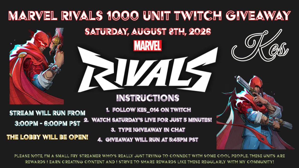 kes00014's tweet photo. Hey #MarvelRivals players! I'm running my first giveaway today 8.8.2026 at 3pm PST over on Twitch.

I'll have my lobby OPEN for quick matches and to make some new friends!

I'm just a little fry but I appreciate anyone that wants to come watch or play!
https://t.co/gOZqWtBO6Y https://t.co/VgFnjTiiH4