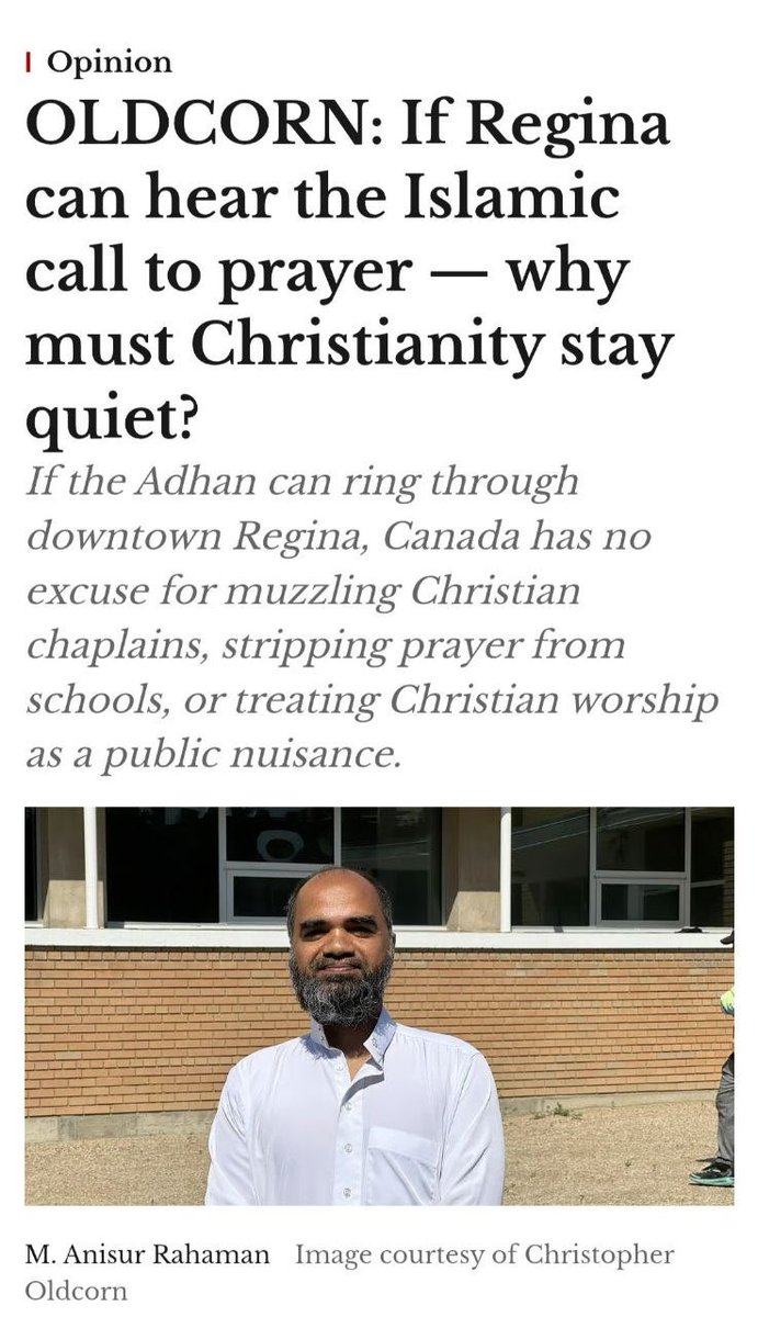 saskridergal's tweet photo. Apply for the same type of lawful accommodation the mosque received.

Three minutes before Sunday service - Play Amazing Grace or How Great Thou Art. Ring the church bells. Read a Psalm over the speakers. Follow the noise rules. Follow the permit conditions. Match the same reasonable volume and duration.

Then watch what happens.

REGINA — Canada’s establishment has spent years telling Christians to keep their faith private.

Don’t pray here. Don’t mention Jesus there. Rename the Christmas concert. Drop the Lord’s Prayer. Tone down the Christian language. Make everything “inclusive.”

Yet a Regina mosque has been permitted to broadcast the Islamic call to prayer over loudspeakers in the heart of the city.

https://t.co/689DrGeZij
@BC_FreedomFighters