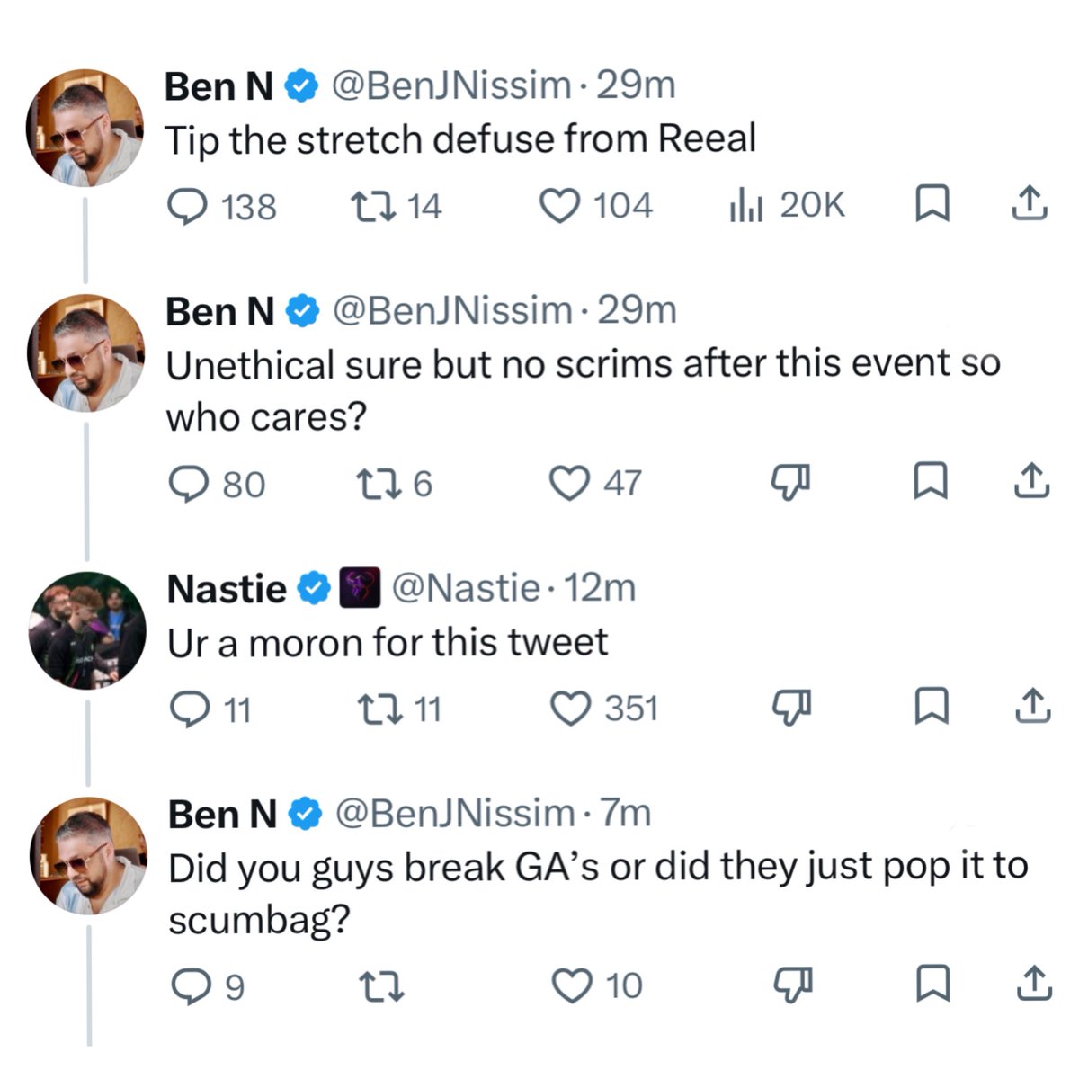 TheFlank's tweet photo. After showing sympathy for ReeaL breaking GAs via Bomb Strech, @BenJNissim gets cooked by Nastie 😭

👀👉 ReaaL’s bomb stretch round victory ultimately prevented a potential Round 11 in Game 7 vs. G2 https://t.co/uoroUjz9x0