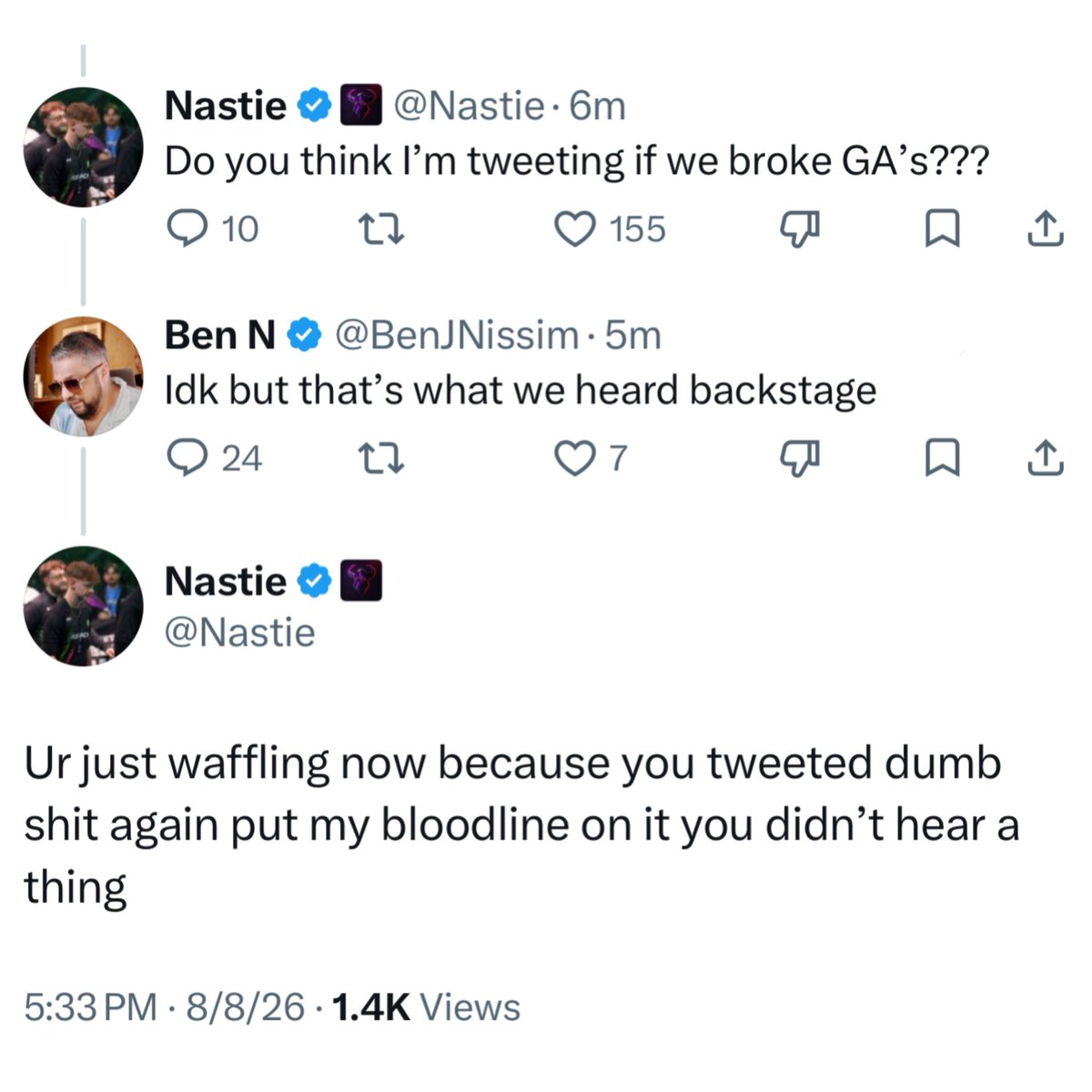 TheFlank's tweet photo. After showing sympathy for ReeaL breaking GAs via Bomb Strech, @BenJNissim gets cooked by Nastie 😭

👀👉 ReaaL’s bomb stretch round victory ultimately prevented a potential Round 11 in Game 7 vs. G2 https://t.co/uoroUjz9x0