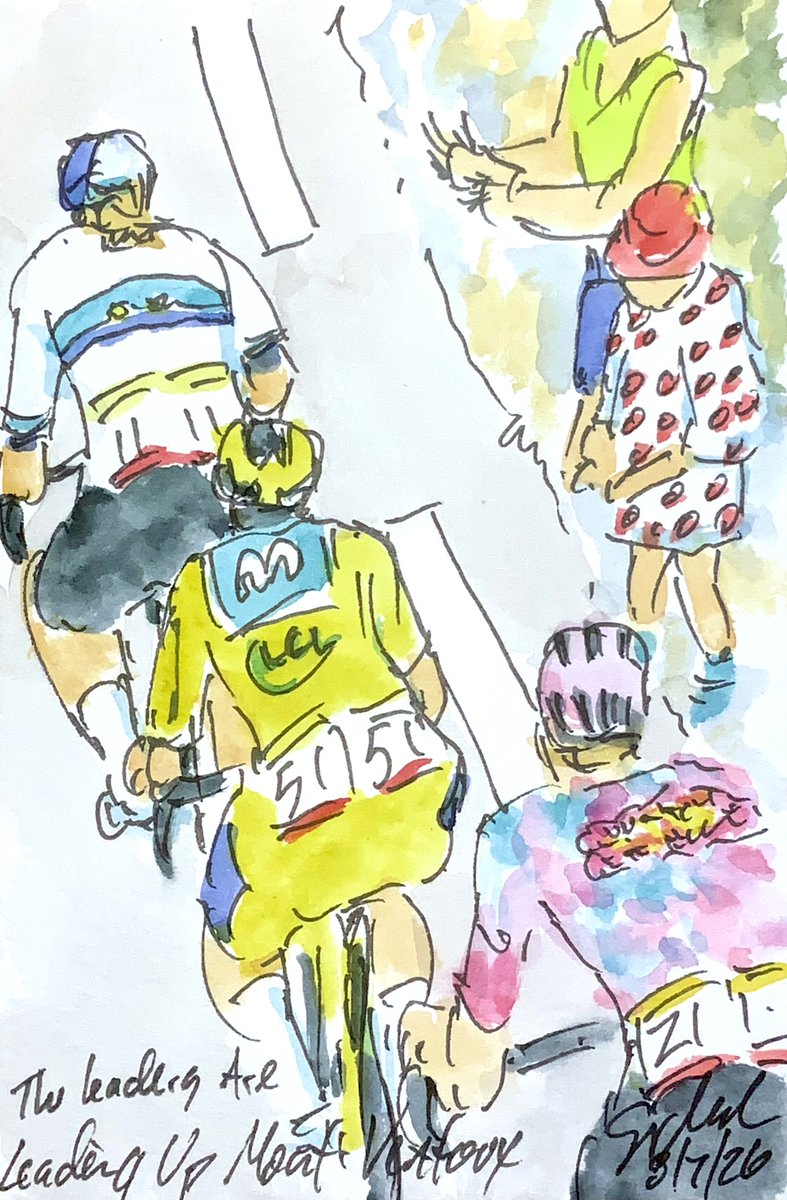 ArtofCycling's tweet photo. "The Leaders Are Leading Up Mont Ventoux" the top 3 of the @LeTourFemmes are on the front with 10 K to climb of #MontVentoux @demivollering @FDJ_SUEZ followed by M Reusser @Movistar_Team @MaillotjauneLCL & @KNiewiadoma @WMNcycling. More #TdFF2026 #womenscycling #art #watercolors at https://t.co/Pp4mj67M3c #cyclisme #ciclismo #wielrennen #cycling @NBCSCycling @antmccrossan @spannawalker