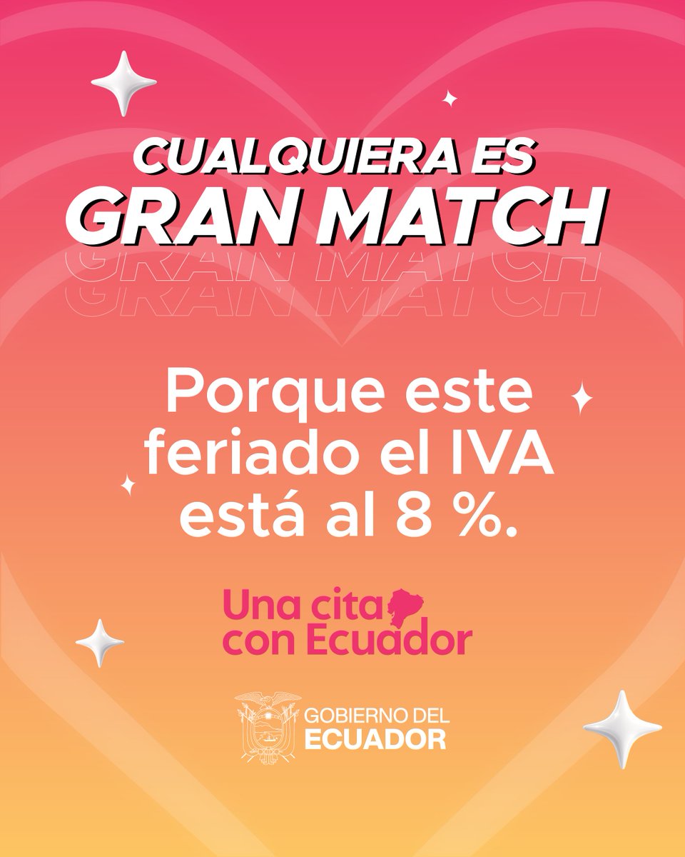 ComunicacionEc's tweet photo. Disfruta de tus destinos favoritos, apoya lo nuestro y aprovecha el IVA al 8 %. Una oportunidad para recorrer, compartir y vivir todo lo que nuestro país tiene para ofrecer y haz match con Ecuador. 🇪🇨❤️ https://t.co/6FY4BFfxrE