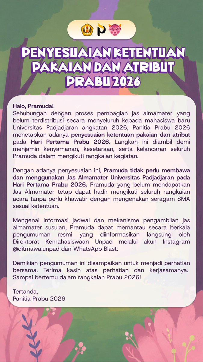 prabunpad's tweet photo. 📢 PENYESUAIAN KETENTUAN PAKAIAN DAN ATRIBUT PRABU 2026 https://t.co/s2tlCVHQQ5