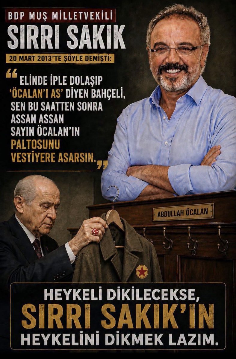kutalmisturkes's tweet photo. “Elinde iple dolaşıp öcalanı as diyen bahçeli! Sen bu saatten sonra assan assan öcalanın paltosunu vestiyere asarsın!” Diyerek yıllar önce bahceli ve yandaşlarının gerçek yüzünü görerek aşağılayan  Demli Sırrı sakık gibilerin ve pkklı vatan hainlerinin karşısında Masaya yumruk vuramayan DUT YEMİŞ BÜLBÜLLER!  TÜRKEŞ Sayesinde  siyasette var olup, Türkeş ismine hakaret eden ama Pkk’lı vatan hainlerinin emir ve talimatlarını yerine getiren münafıklar,Sizin şahsiyetinizin en güzel tanımını yapan ittifak  ortağınız Demli Sırrı sakık’ı tebrik ediyorum!!