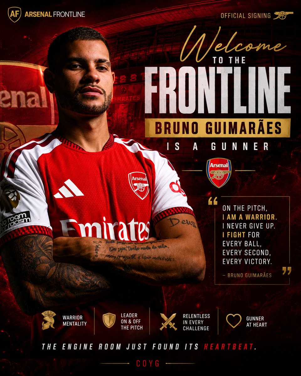 ArsenalFRNTLine's tweet photo. BRUNO GUIMARÃES is a GUNNER.
Welcome to NORTH LONDON.
The midfield just got STRONGER.
#WelcomeBruno #COYG🔴⚪ #ArsenalFrontline🅰️🪖 https://t.co/iTn8VO9GIY