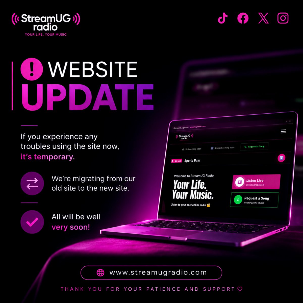 StreamUGRadio's tweet photo. ⚠️ A LITTLE TECHNICAL HICCUP!
We’re currently migrating from our old site to the new StreamUG website. 💻💜
Bear with us — we’ll be back to normal soon! #StreamUG #YourlifeYourmusic https://t.co/vYtA7HxBG6