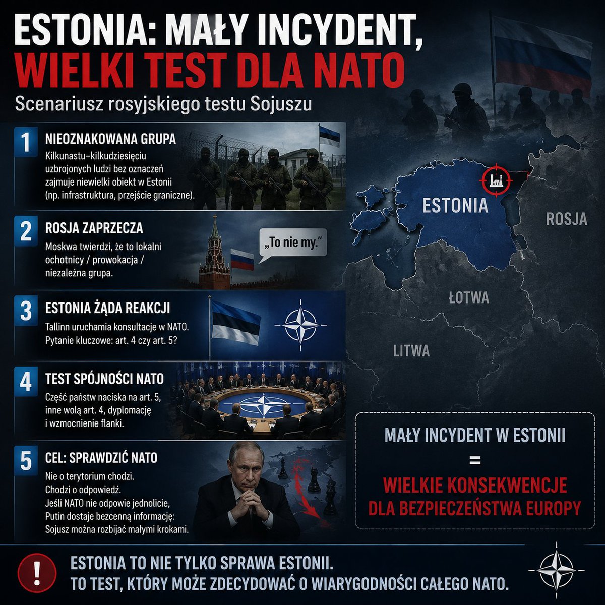 ArkadiuszHiller's tweet photo. Estonia może być miejscem rosyjskiego testu NATO.

Mała, nieoznakowana grupa żołnierzy zajmuje obiekt. Moskwa zaprzecza. Estonia żąda reakcji.

Art. 4 czy art. 5?

Jeśli NATO nie odpowie jednolicie, Putin dostaje sygnał: Sojusz można rozbijać małymi krokami. https://t.co/bfsLdu4TTX