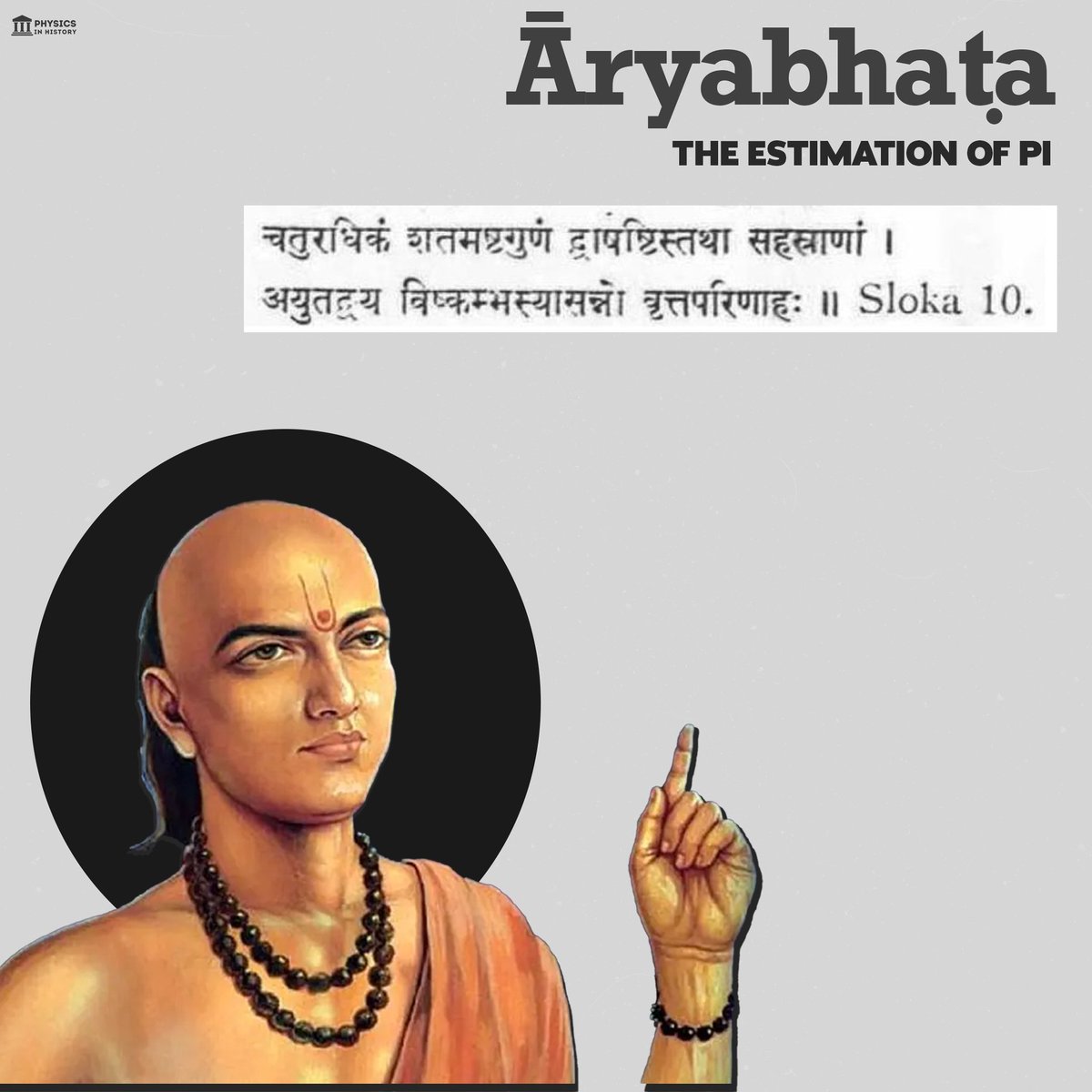 PhysInHistory's tweet photo. Aryabhatta's formula to calculate the value of π ✍️

caturadhikam śatamaṣṭaguṇam dvāṣaṣṭistathā sahasrāṇām
ayutadvayaviṣkambhasyāsanno vṛttapariṇāhaḥ.

Translation: 

Add four to 100, multiply by eight, and then add 62,000. By this rule the circumference of a circle with a diameter of 20,000 can be approached. 
Thus according to the rule ((4 + 100) × 8 + 62000)/20000 = 62832/20000 = 3.1416

The value of π calculated by this method is accurate unto 5 significant figures.