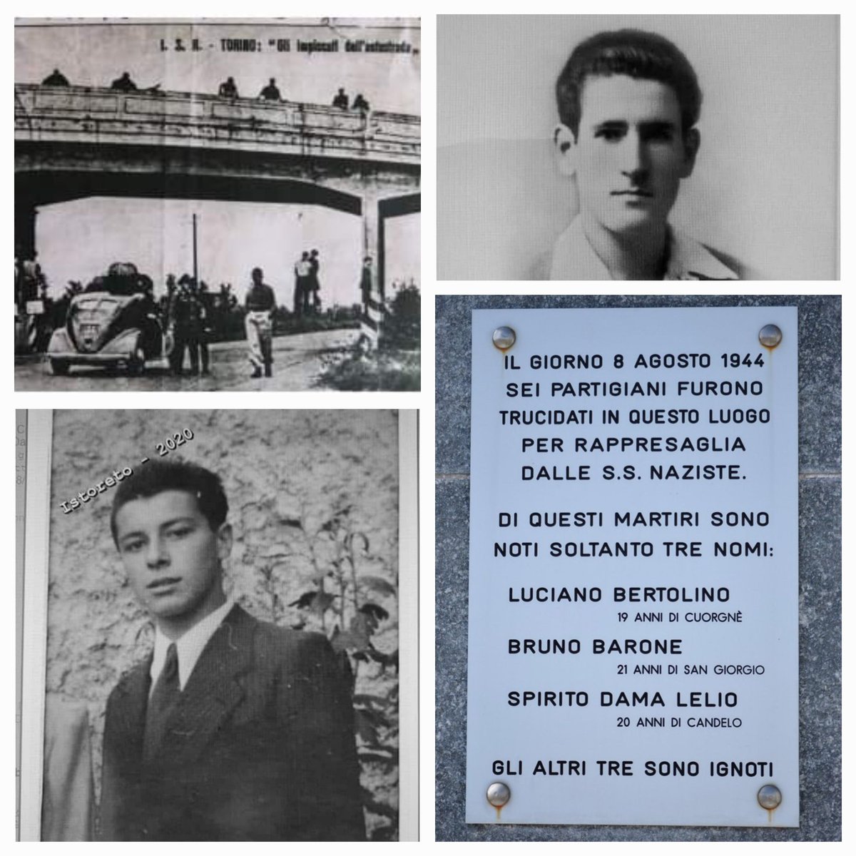 Teresa02247224's tweet photo. 8 agosto 1944 i tedeschi impiccano per rappresaglia sei uomini sotto il ponte di Settimo Torinese: si tratta di #CompagniPartigiani, catturati e incarcerati in seguito all’attacco al presidio di Chivasso, avvenuto il 27 luglio.
Morti per la nostra libertà https://t.co/XBO0SJjt45