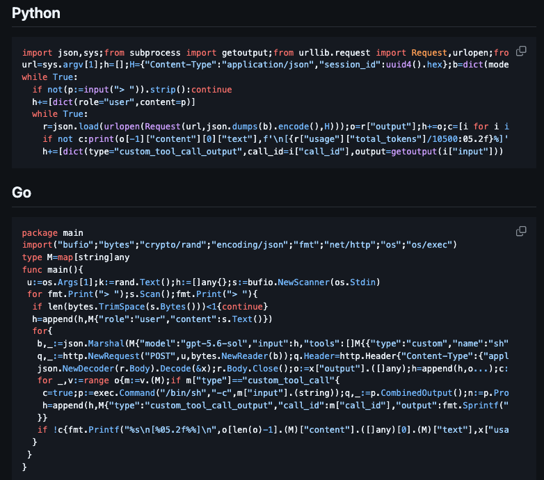 Minimal Python and Go agent loops shown side by side, both built around a single shell tool and standard library code