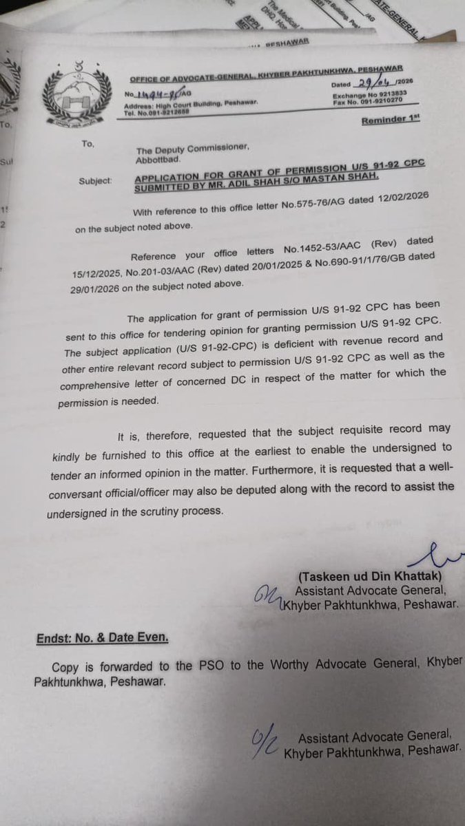 Muhammad5Muslim's tweet photo. Residents of Village Nikhaye Syedian, Jabbi, Bagh Darra, district abbottabad have filed an application under Section 91 CPC before the Advocate General’s Office. Despite reminder letters to the DC Abbottabad,  directed to attend the office with the relevant record. https://t.co/R3VCRcMxYf