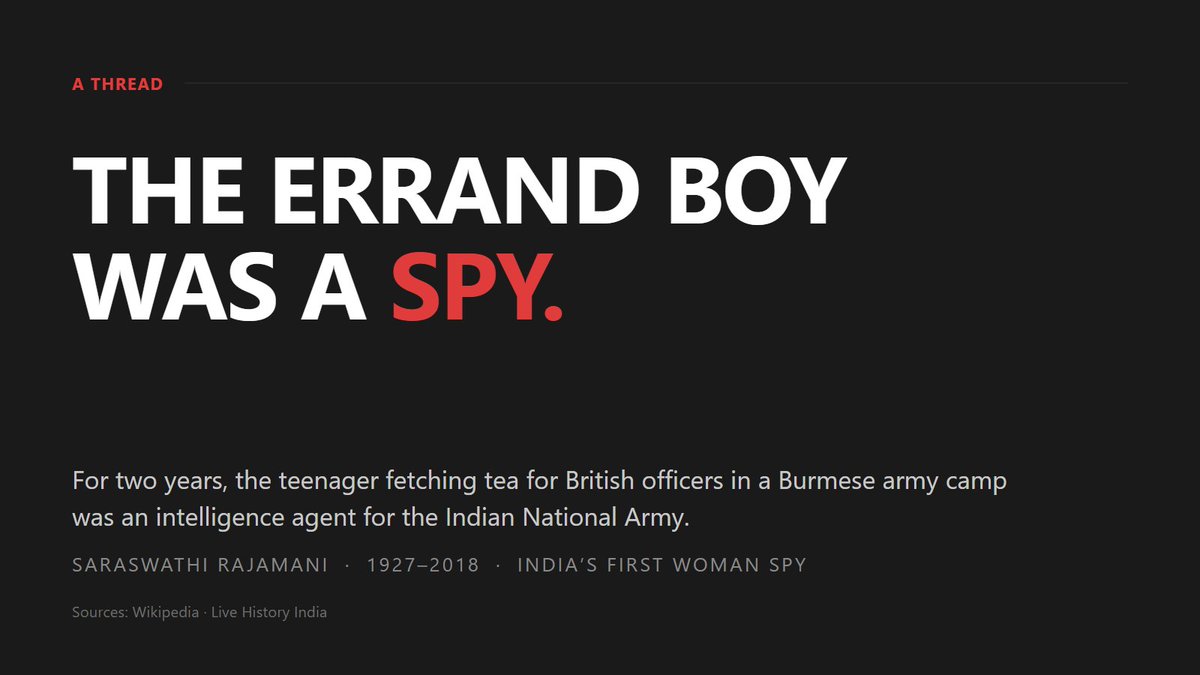 virandersirohi's tweet photo. For two years, the errand boy fetching tea for British officers in a Burmese army camp was a teenage girl.

She was an intelligence agent for the Indian National Army.

Almost nobody in India knows her name. 🧵 (1/11) https://t.co/IhBcjKkvn9