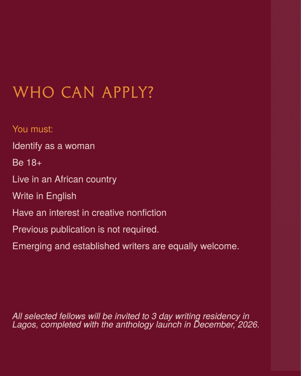 __mofiyinfoluwa's tweet photo. For the last 3 years, The Abebi AfroNonfiction Foundation has empowered Nigerian women writing creative nonfiction. This year, we’re inviting African women from ALL over to join us for our inaugural fellowship and anthology publication. 

Full details https://t.co/xP6vDOD1kj https://t.co/0wCe6EcYHn