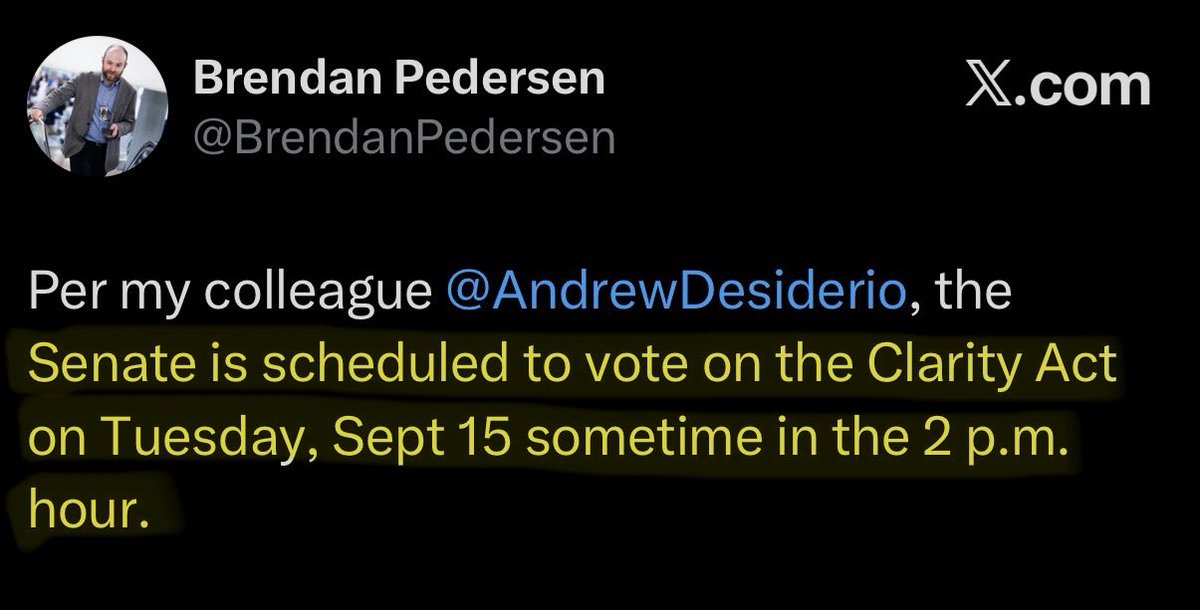 AshCrypto's tweet photo. BREAKING: Reporter Brendan confirms the US Senate will vote on the Crypto Clarity Act on Sept 15th around 2pm.

This is MASSIVE 🚀 https://t.co/lDUS3mDbKn